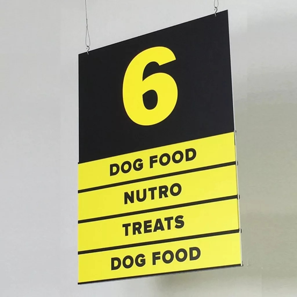 CLARO retail hanging signage display for aisles 42565.1537472764